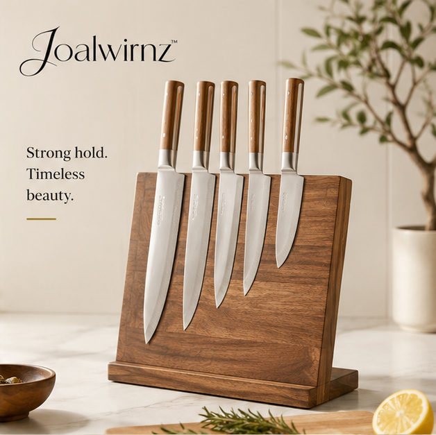 Joalwirnz™ Acacia Wood Magnetic Knife Block Organizer