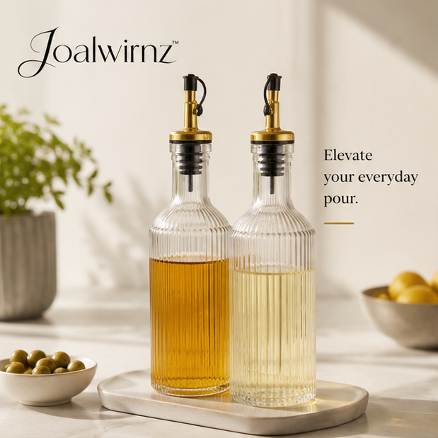 Joalwirnz™ Ribbed Glass Oil Dispenser Set with Gold Stainless Pourers