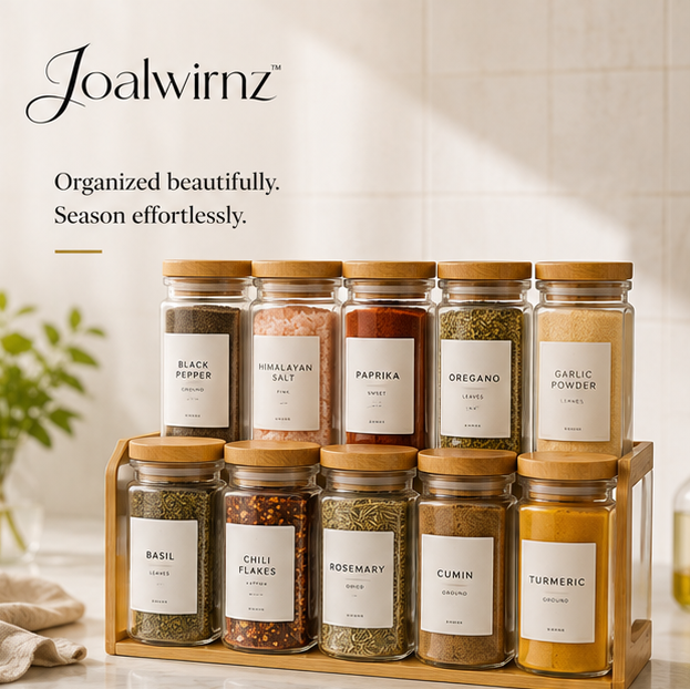Joalwirnz™ Luxury Glass Spice Jar Set with Bamboo Lids